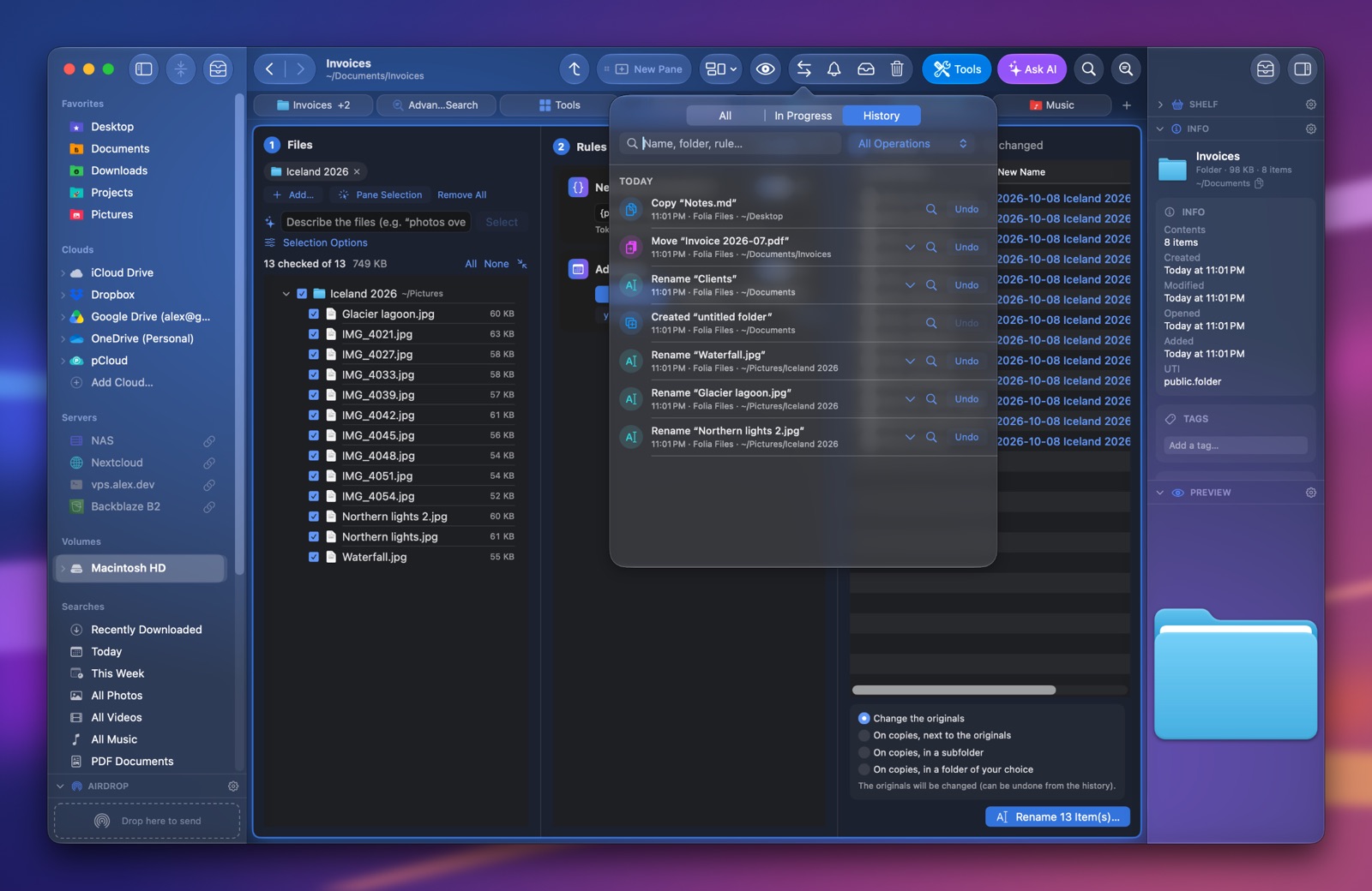 The Operations popover in Folia Files on its History page, each operation with its own Undo