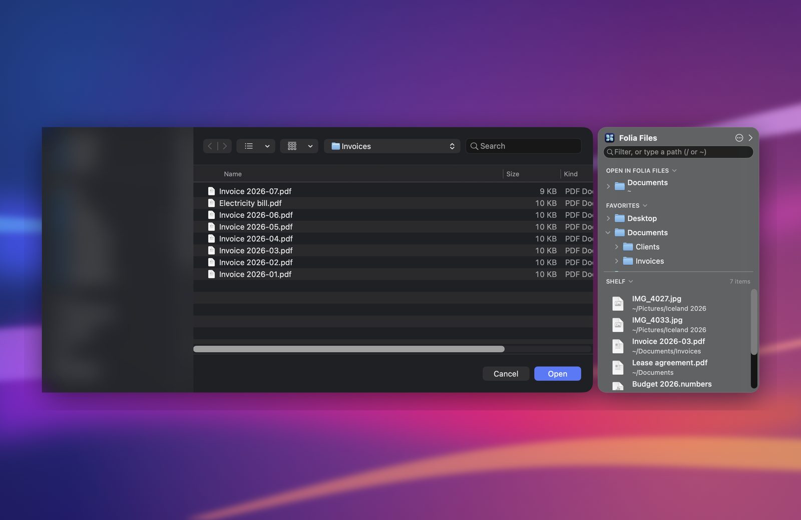 An Open dialog with the Folia Files panel docked to its right: open folders, favorites and the Shelf