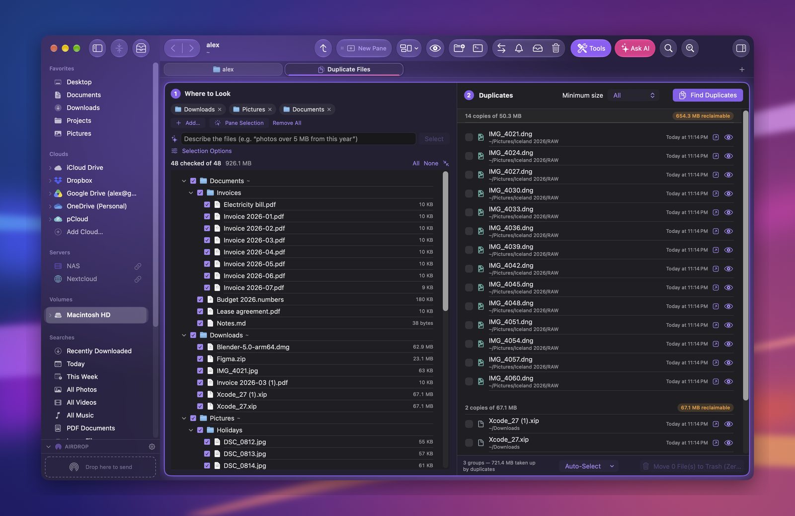 The duplicates tool: identical files found in Downloads, Pictures and Documents