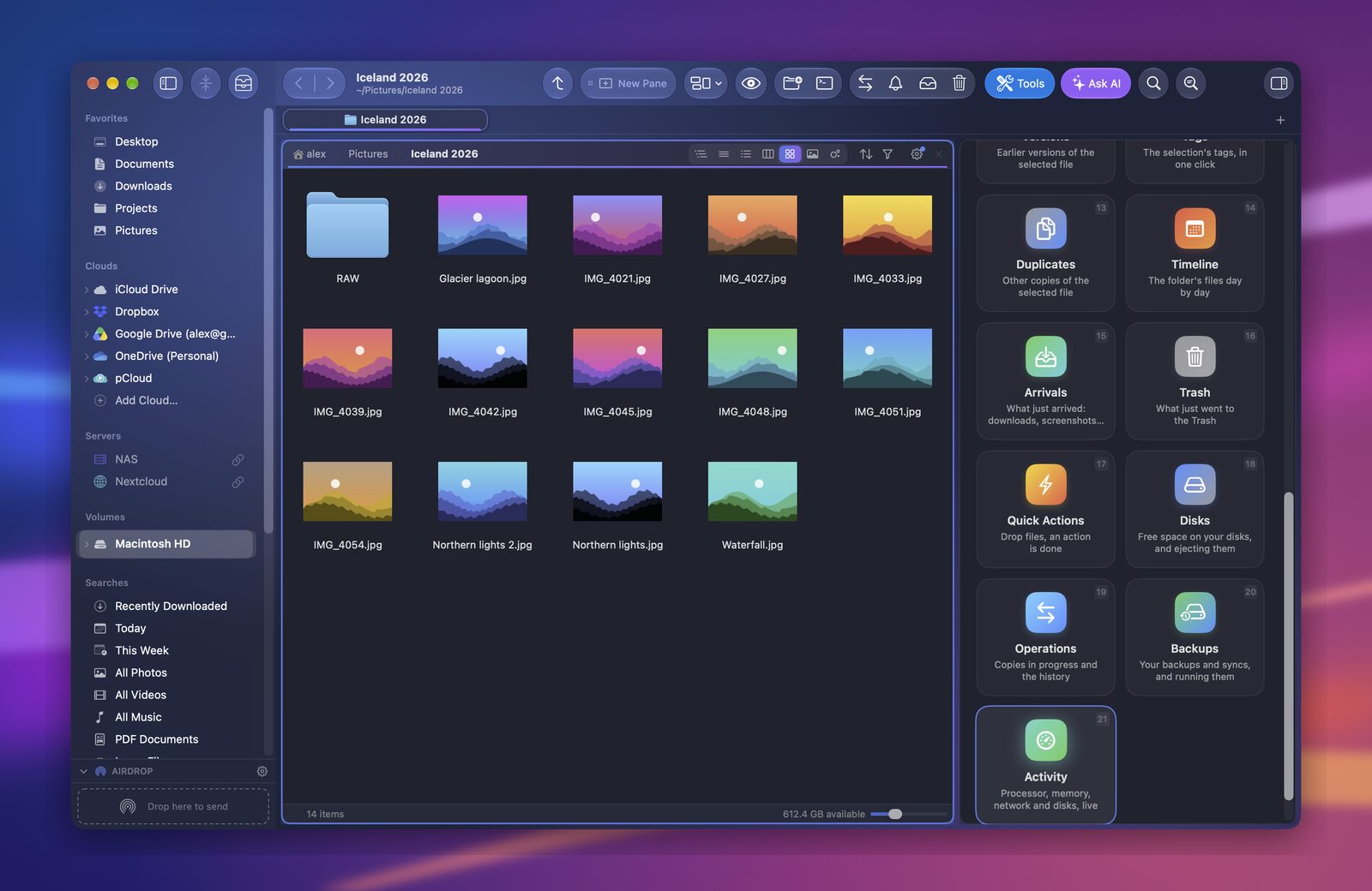 A new pane's grid: a folder or one of the modules, Activity highlighted