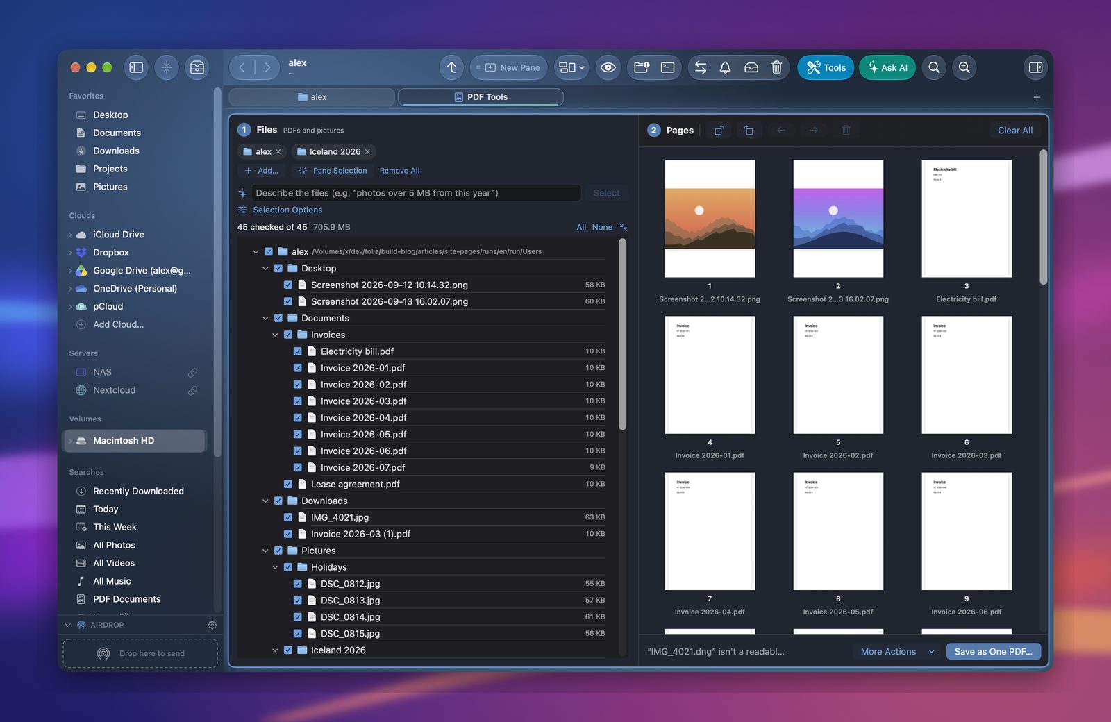 The PDF tool with photos and a PDF laid out as pages