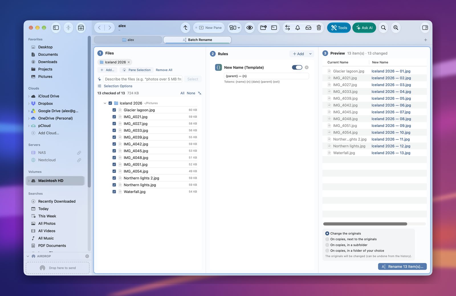 Batch rename in Folia Files: a template applied to holiday photos, with a preview