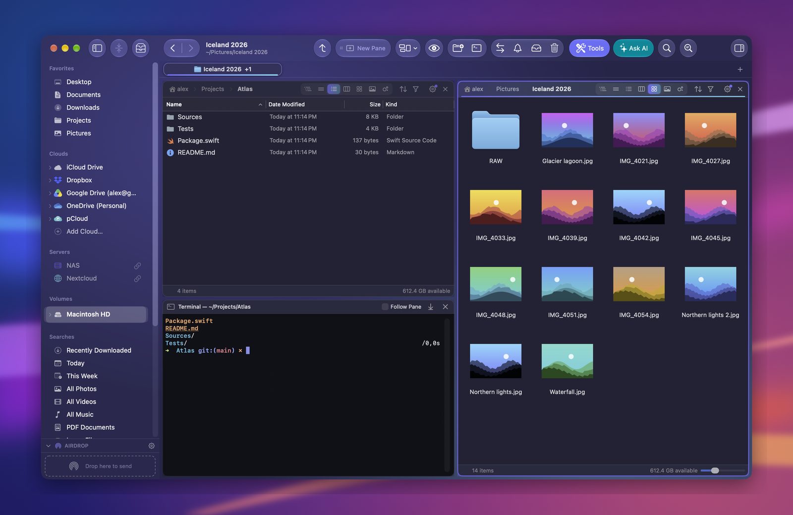 A project in a list with a terminal under it, holiday photos in the pane next to it
