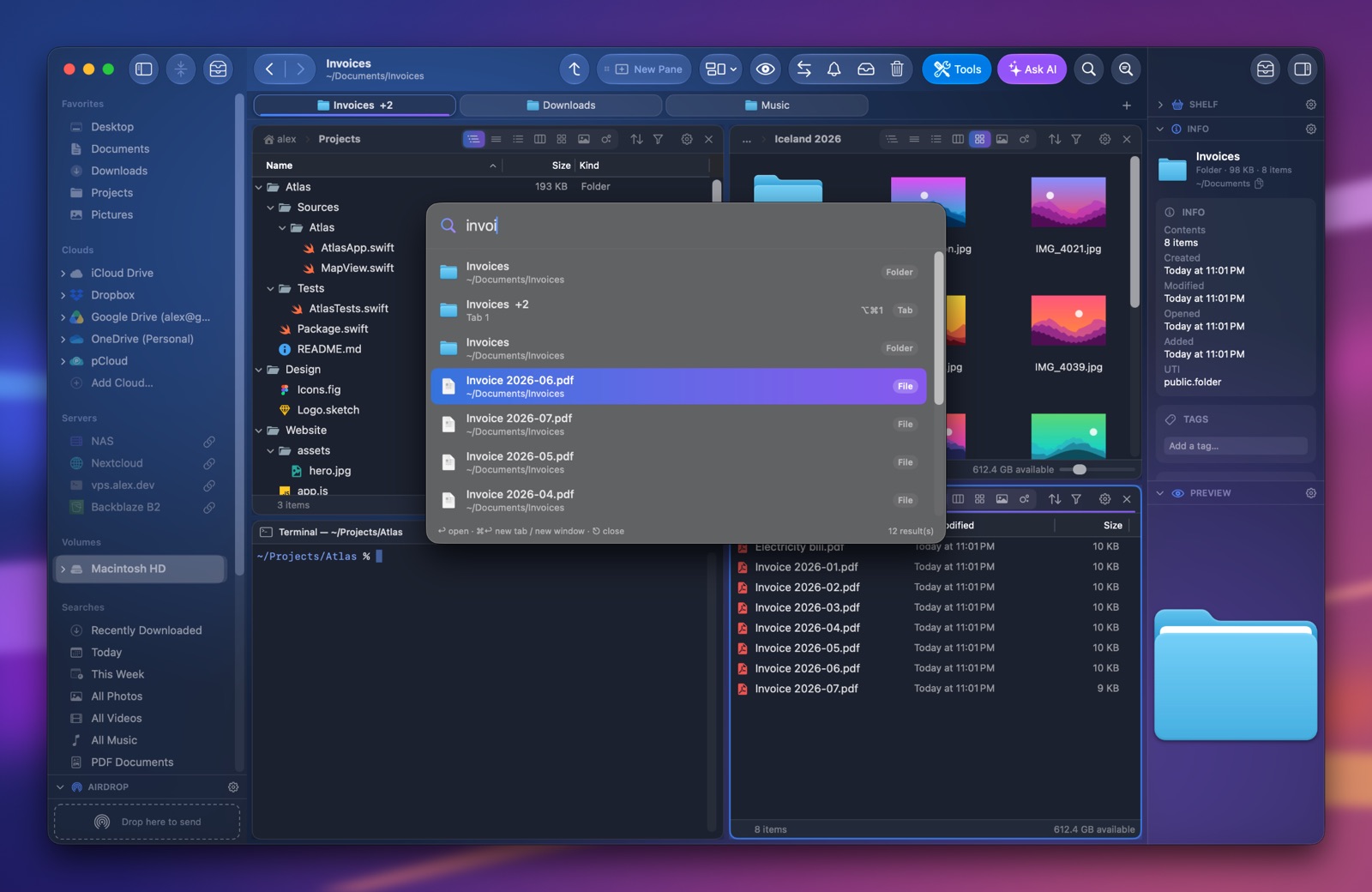 Quick open: a few letters typed, files, folders and commands listed as you type
