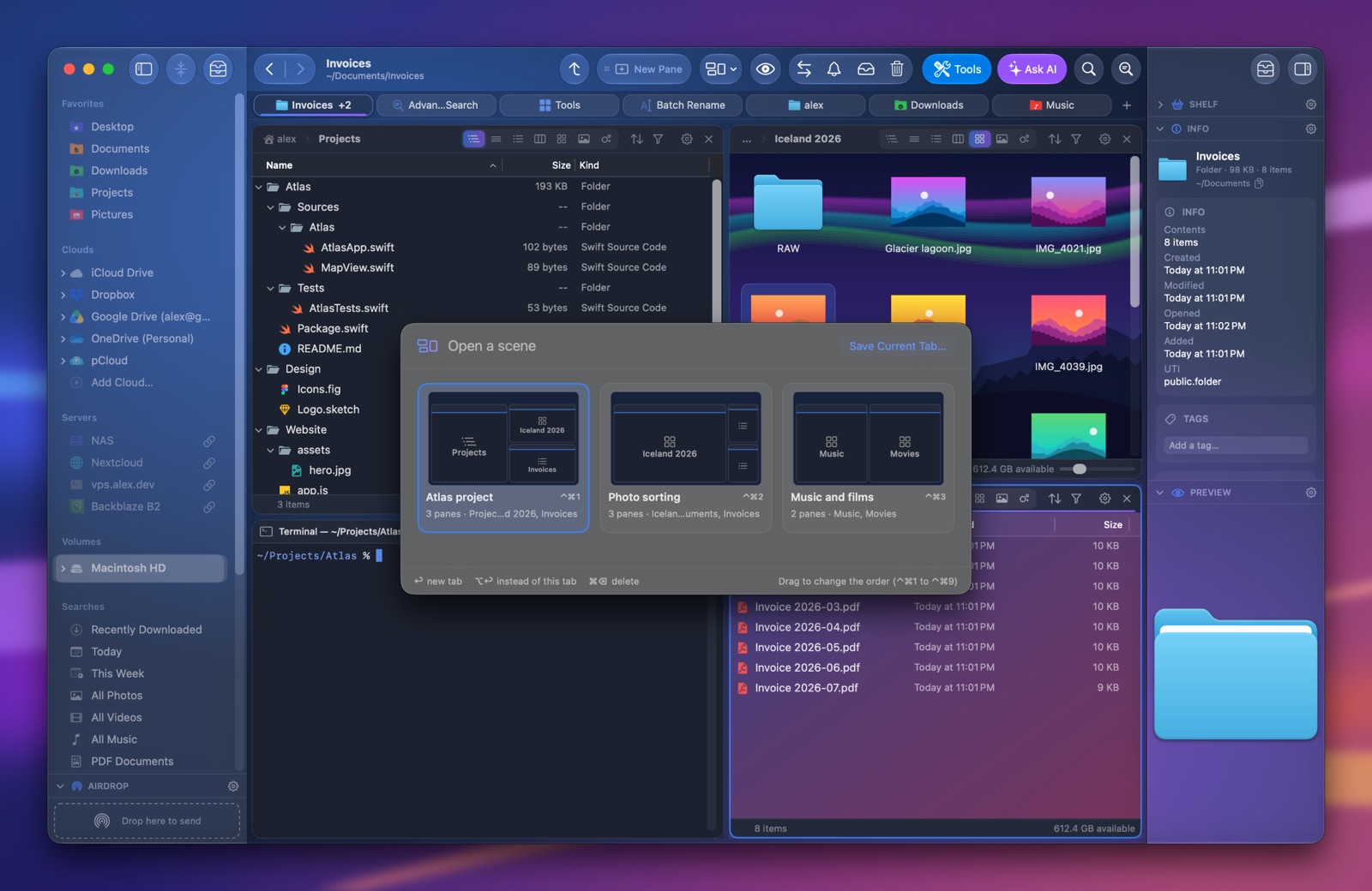 The scene picker: saved tabs shown as thumbnails with their panes, and their ⌃⌘ shortcuts