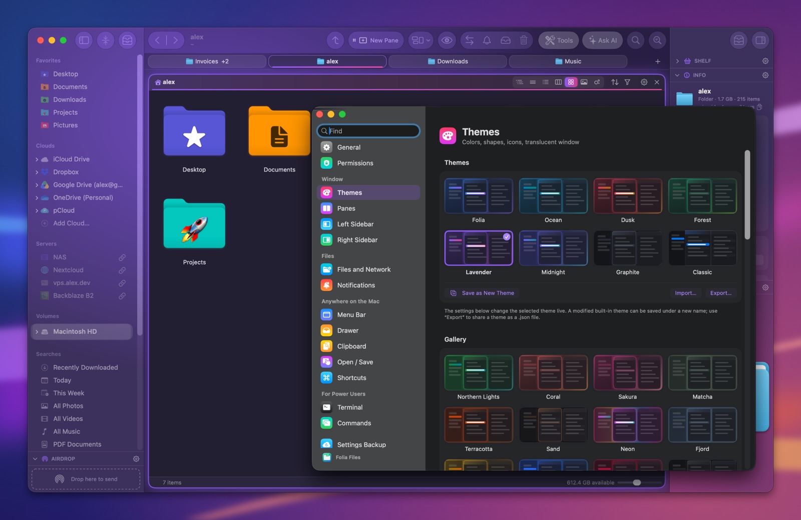 The theme settings with the list of themes and their previews