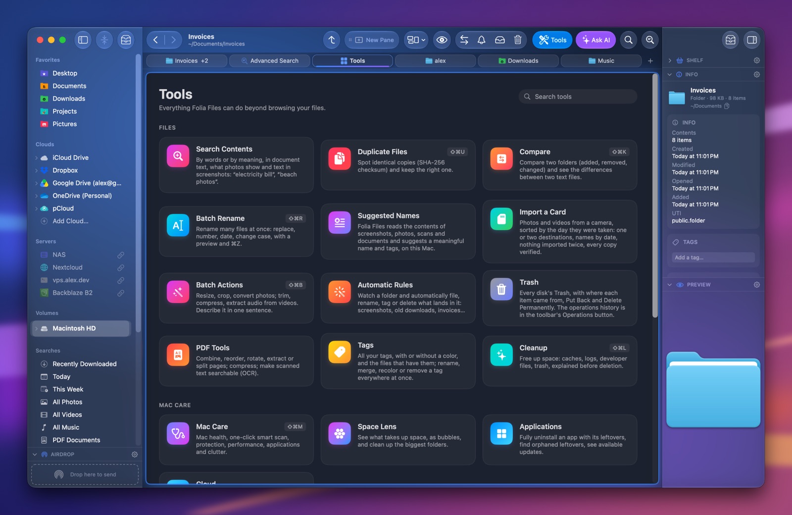 The Tools tab of Folia Files: Cleanup and Duplicate Files among the tools, the Mac care section below