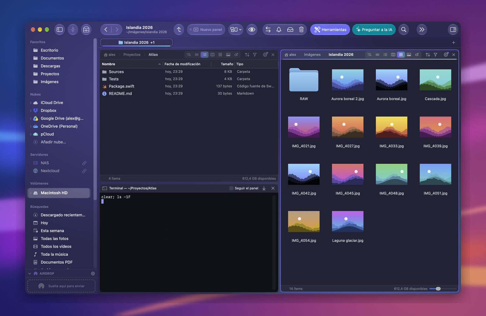 Un proyecto en lista con un terminal debajo y fotos de vacaciones en el panel de al lado