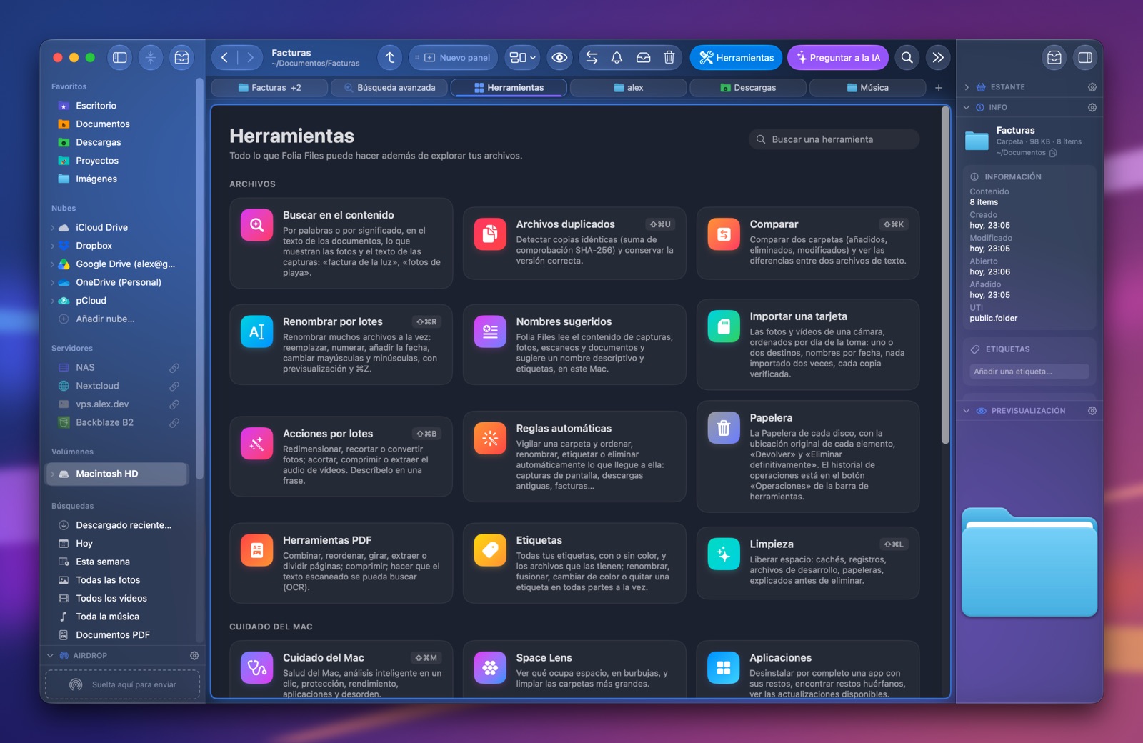La pestaña Herramientas de Folia Files: Limpieza y Archivos duplicados entre las herramientas, y debajo la sección Cuidado del Mac