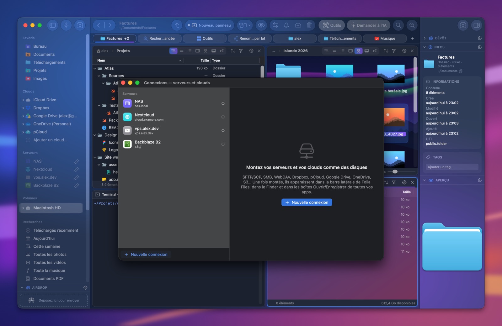Serveurs et clouds dans Folia Files : un NAS, un Nextcloud, un serveur SFTP et Backblaze B2