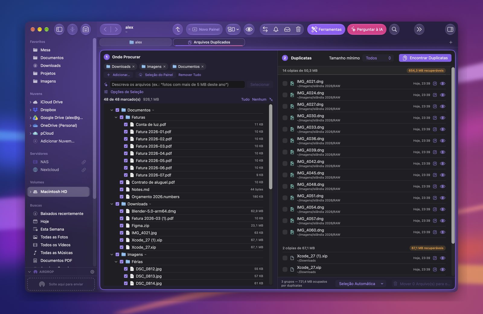 A ferramenta de duplicatas: arquivos idênticos encontrados em Downloads, Imagens e Documentos