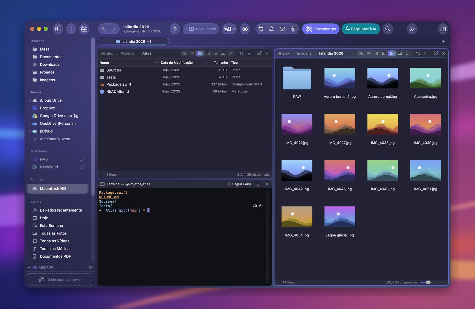 Um projeto em lista com um terminal embaixo, e fotos de férias no painel ao lado