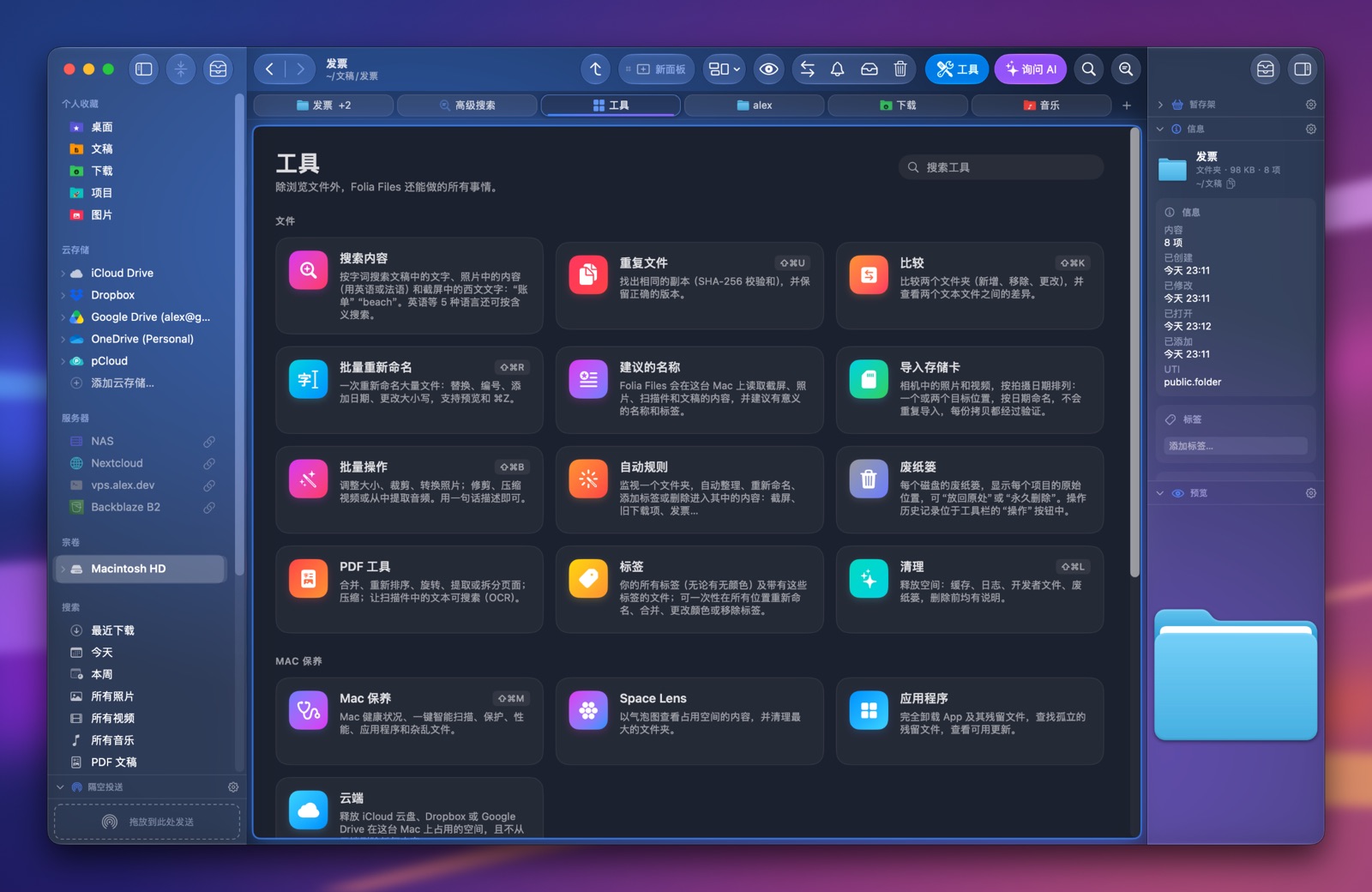 Folia Files 的“工具”标签页：工具中有“清理”和“重复文件”，下方是“Mac 保养”部分